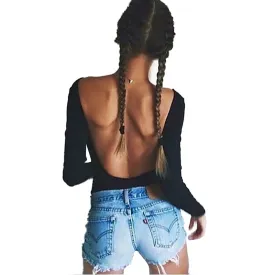 2017 Summer 95% Cotton Backless Sexy Womens Jumpsuits Solid Black Rompers Female nude bodysuit top playsuits Negro Active T0484