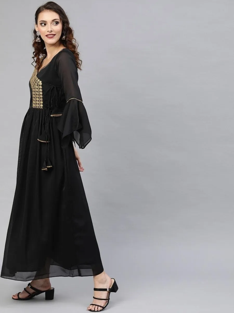 Black Silk Blend Solid Fit & Flared Maxi Gown