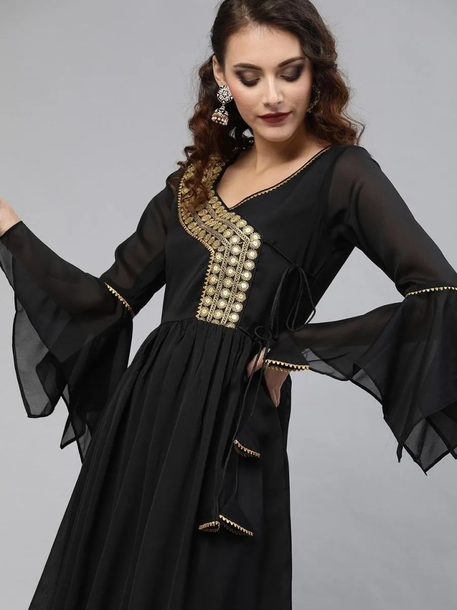 Black Silk Blend Solid Fit & Flared Maxi Gown