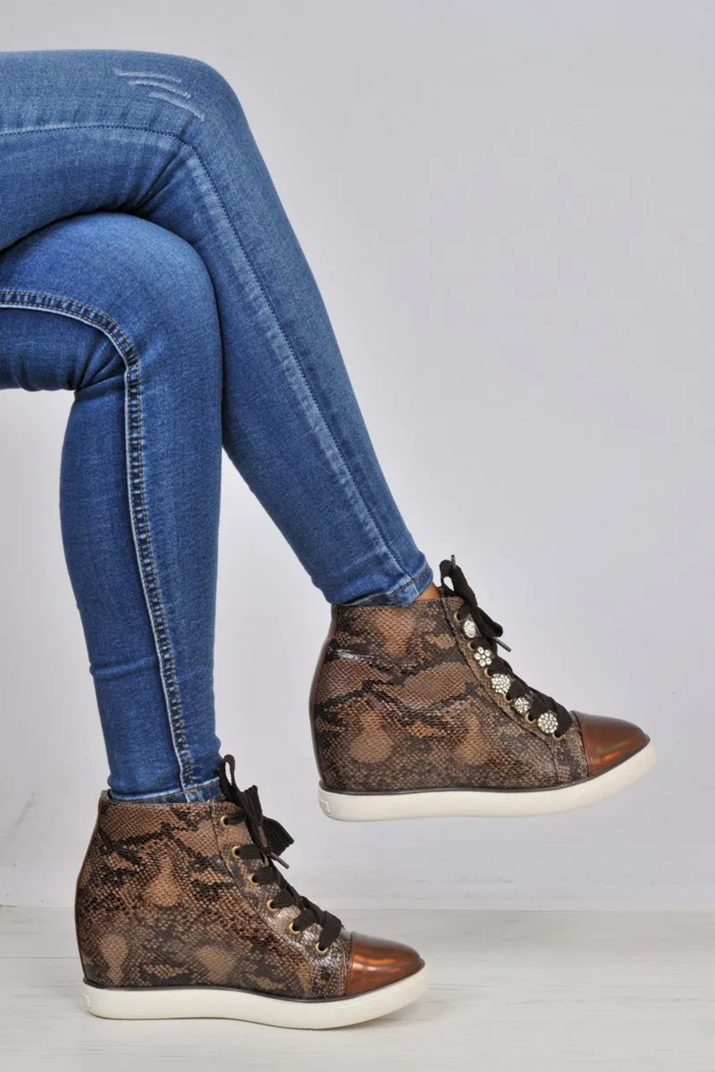 Brown Snakeskin PU Metallic Toe Sparkle Wedged High Tops - Sammi