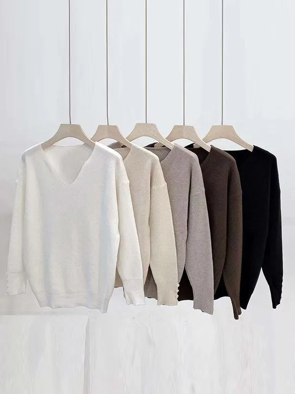 Casual Loose Long Sleeves Solid Color V-Neck Sweater Tops