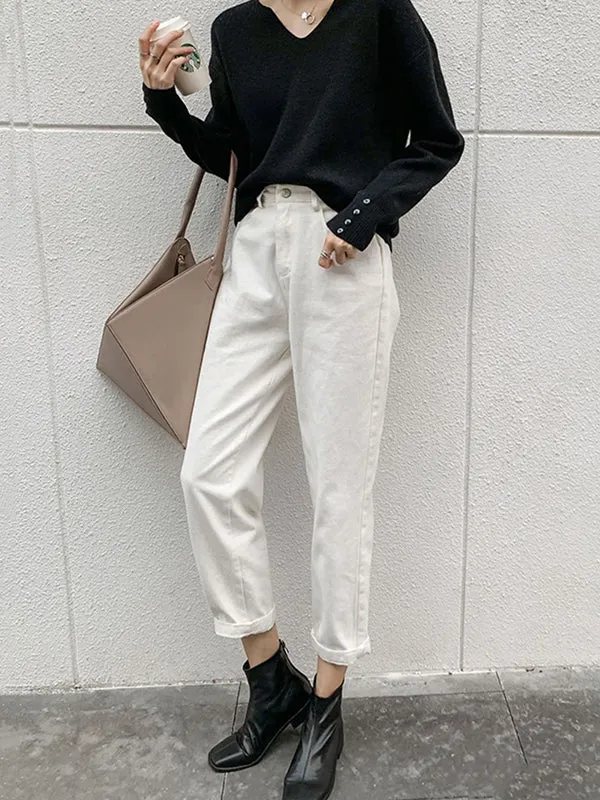 Casual Loose Long Sleeves Solid Color V-Neck Sweater Tops