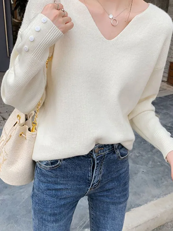 Casual Loose Long Sleeves Solid Color V-Neck Sweater Tops