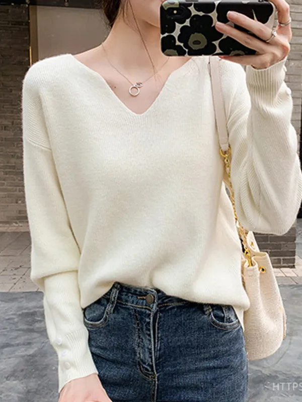 Casual Loose Long Sleeves Solid Color V-Neck Sweater Tops