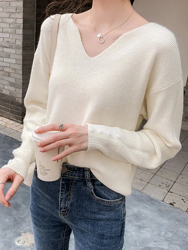 Casual Loose Long Sleeves Solid Color V-Neck Sweater Tops