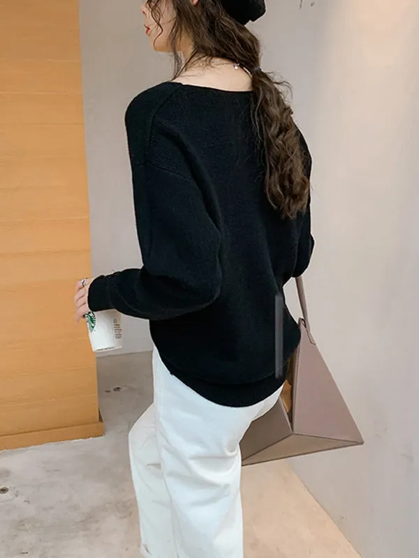 Casual Loose Long Sleeves Solid Color V-Neck Sweater Tops