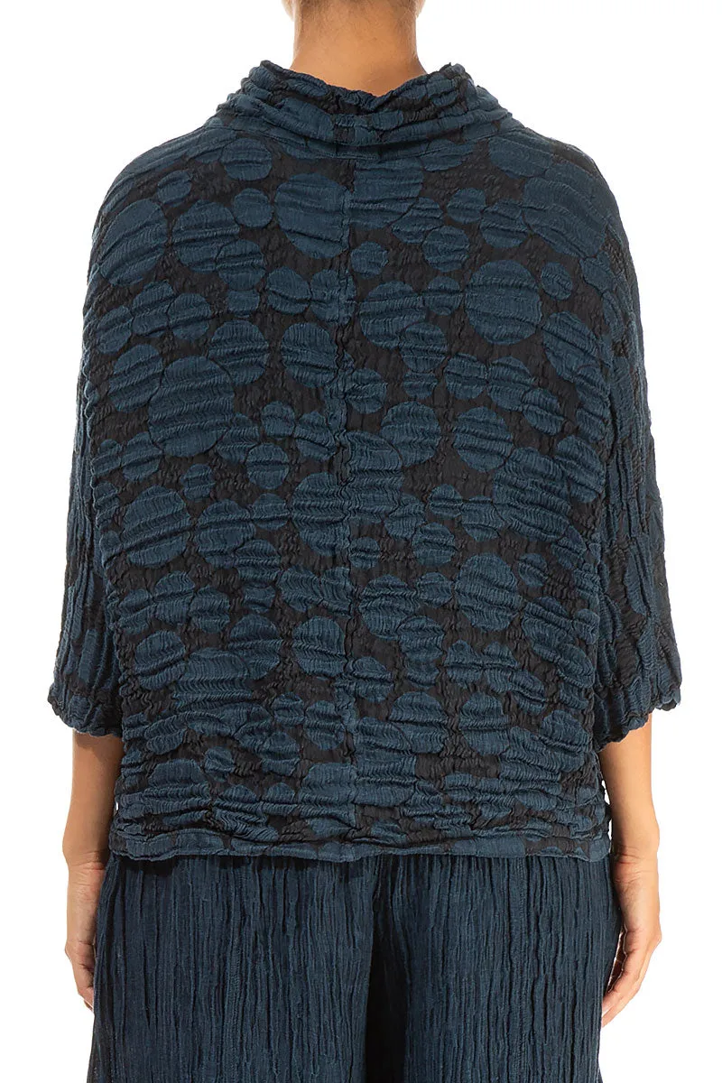 Cowl Neck Midnight Blue Circle Silk Linen Blouse