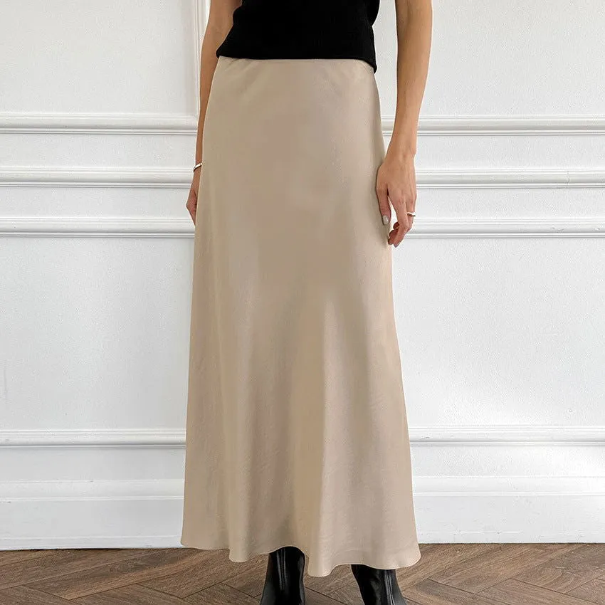 Imitation Acetate Satin Khaki A Swing High Waist Casual Skirt Autumn Long Skirt for Women