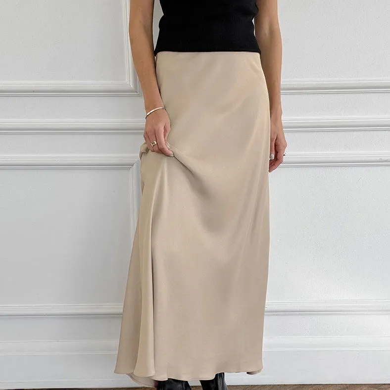 Imitation Acetate Satin Khaki A Swing High Waist Casual Skirt Autumn Long Skirt for Women