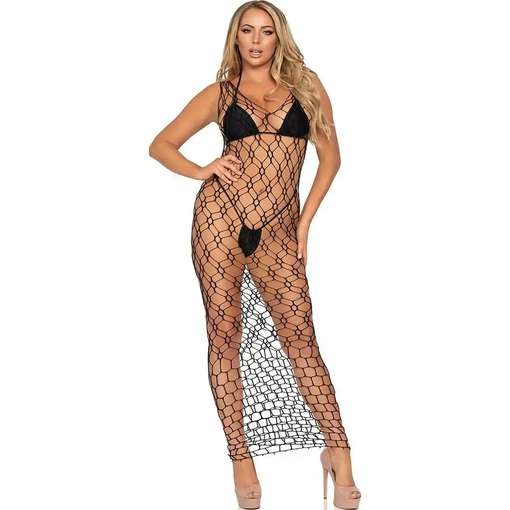 Leg Avenue Sex Wet Look Black Fishnet Maxi Dress Uk 8 to 14