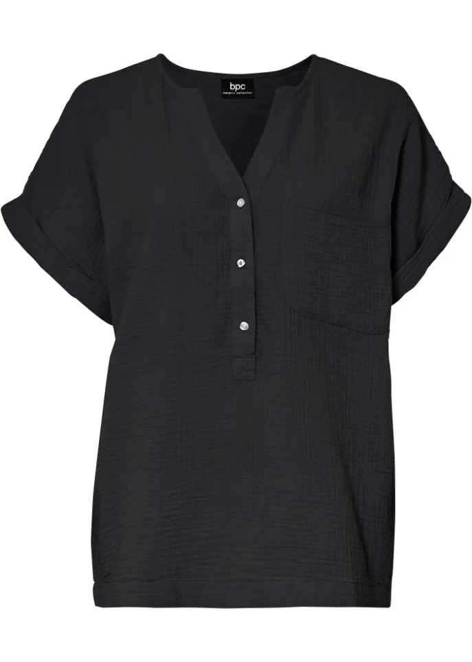 Muslin blouse with button placket and pocket Bpc Bonprix Collection, black