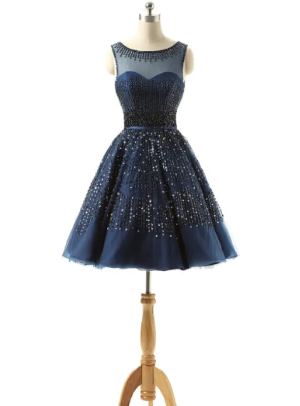 Navy Blue Homecoming Dresses With Beaded Crystal Occasion Dresses