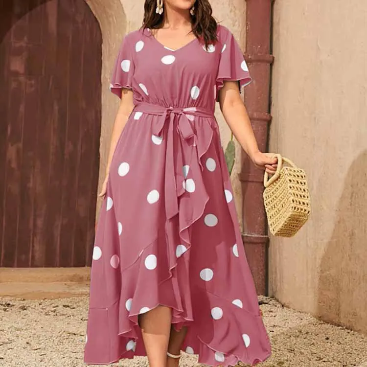 Plus Size Polka Dot Elastic Waist Printed Dress