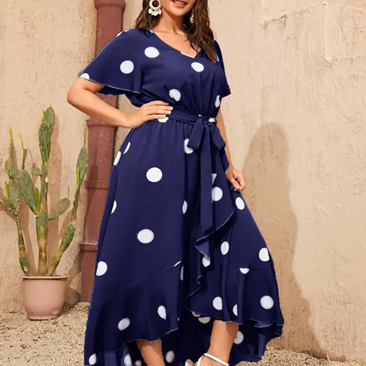 Plus Size Polka Dot Elastic Waist Printed Dress