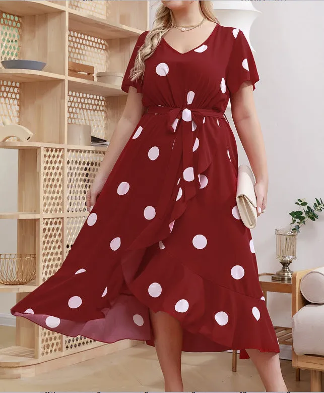 Plus Size Polka Dot Elastic Waist Printed Dress