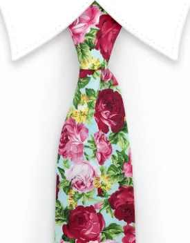 Seafoam Green & Pink Roses Floral Tie