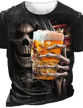 Skull Holding A Glass Of Beer Gothic Mens 3D Shirt For Halloween | Black Summer Cotton | Men'S Tee Graphic Crew Neck 3D Print Outdoor Casual Short Sleeve Clothing Apparel Fashion