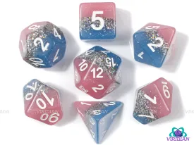 Starstreak | Baby Blue and Baby Pink Layers, Silver Rainbow Glitter | Resin Dice Set (7)