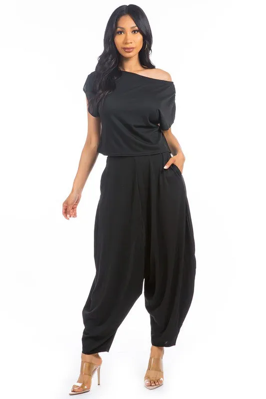 TEEK - 2PC BLACK ONE SHOULDER POCKETED PANTS SET