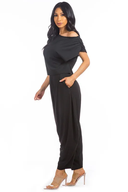 TEEK - 2PC BLACK ONE SHOULDER POCKETED PANTS SET