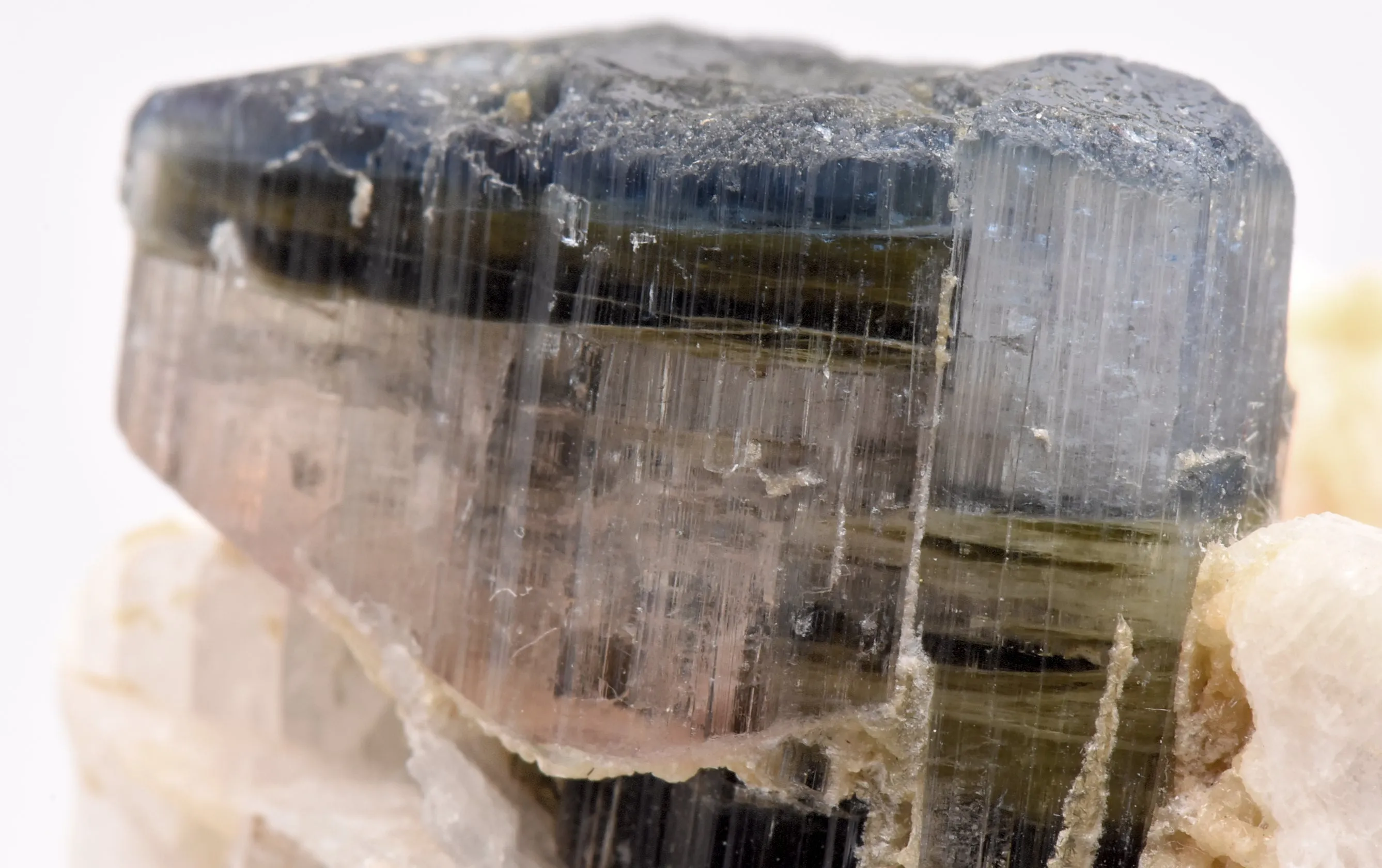 Tricolor Green, Pink, Blue Tourmaline Crystal and Dark Green Tourmaline Crystal on Feldspar with Albite - Pakistan