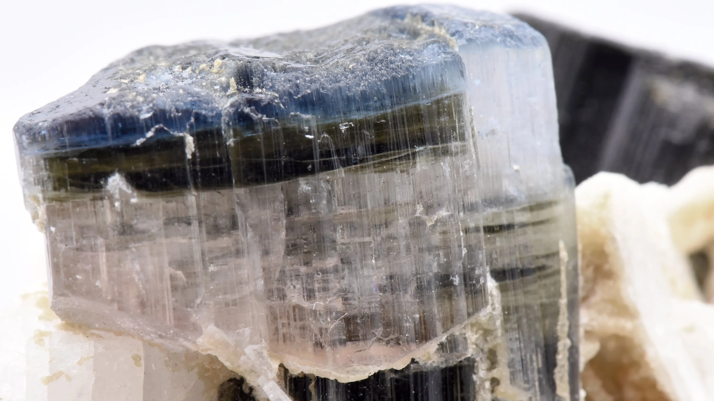 Tricolor Green, Pink, Blue Tourmaline Crystal and Dark Green Tourmaline Crystal on Feldspar with Albite - Pakistan