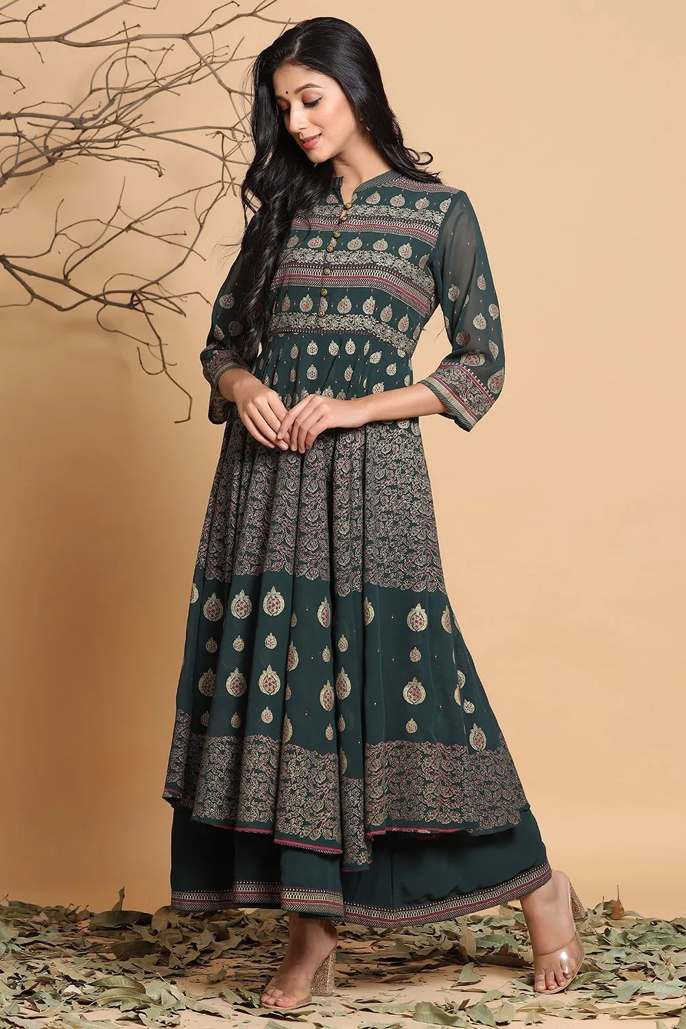 Women Jade Green Georgette Ethnic Motif Dress