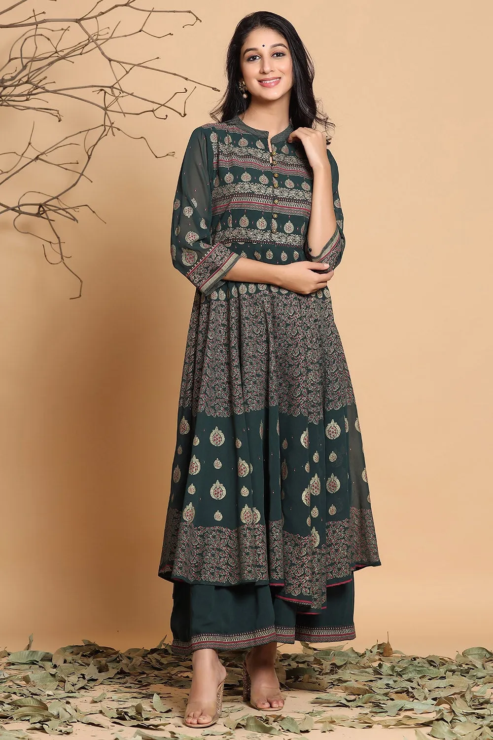 Women Jade Green Georgette Ethnic Motif Dress