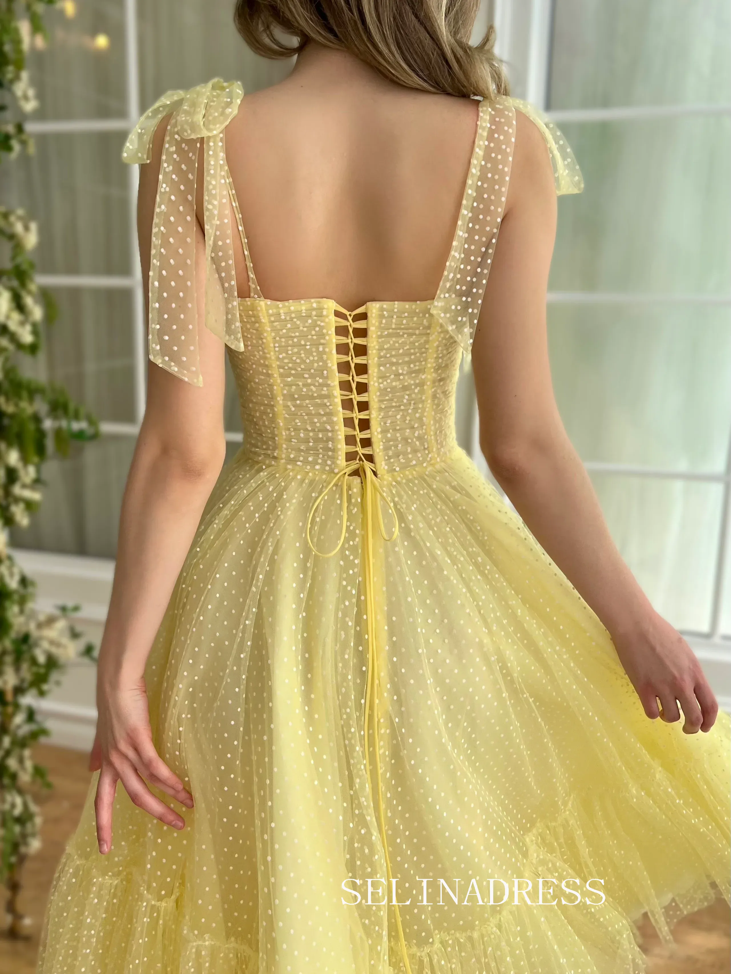 Yellow Short Wedding Dress Tea Length Tulle Prom Dresses Princess Evening Gowns EWR310