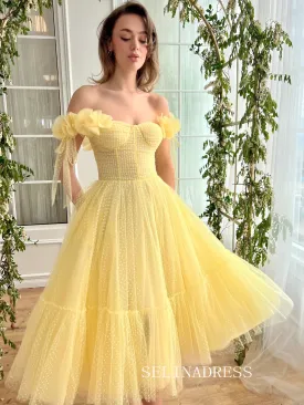 Yellow Short Wedding Dress Tea Length Tulle Prom Dresses Princess Evening Gowns EWR310