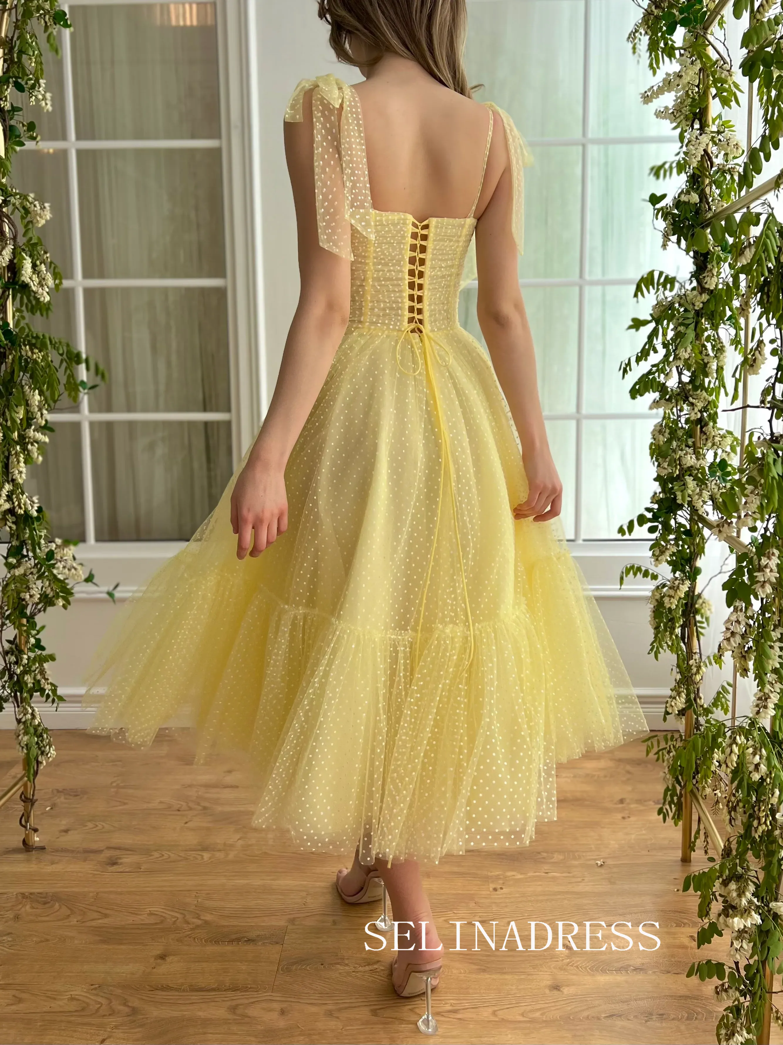 Yellow Short Wedding Dress Tea Length Tulle Prom Dresses Princess Evening Gowns EWR310