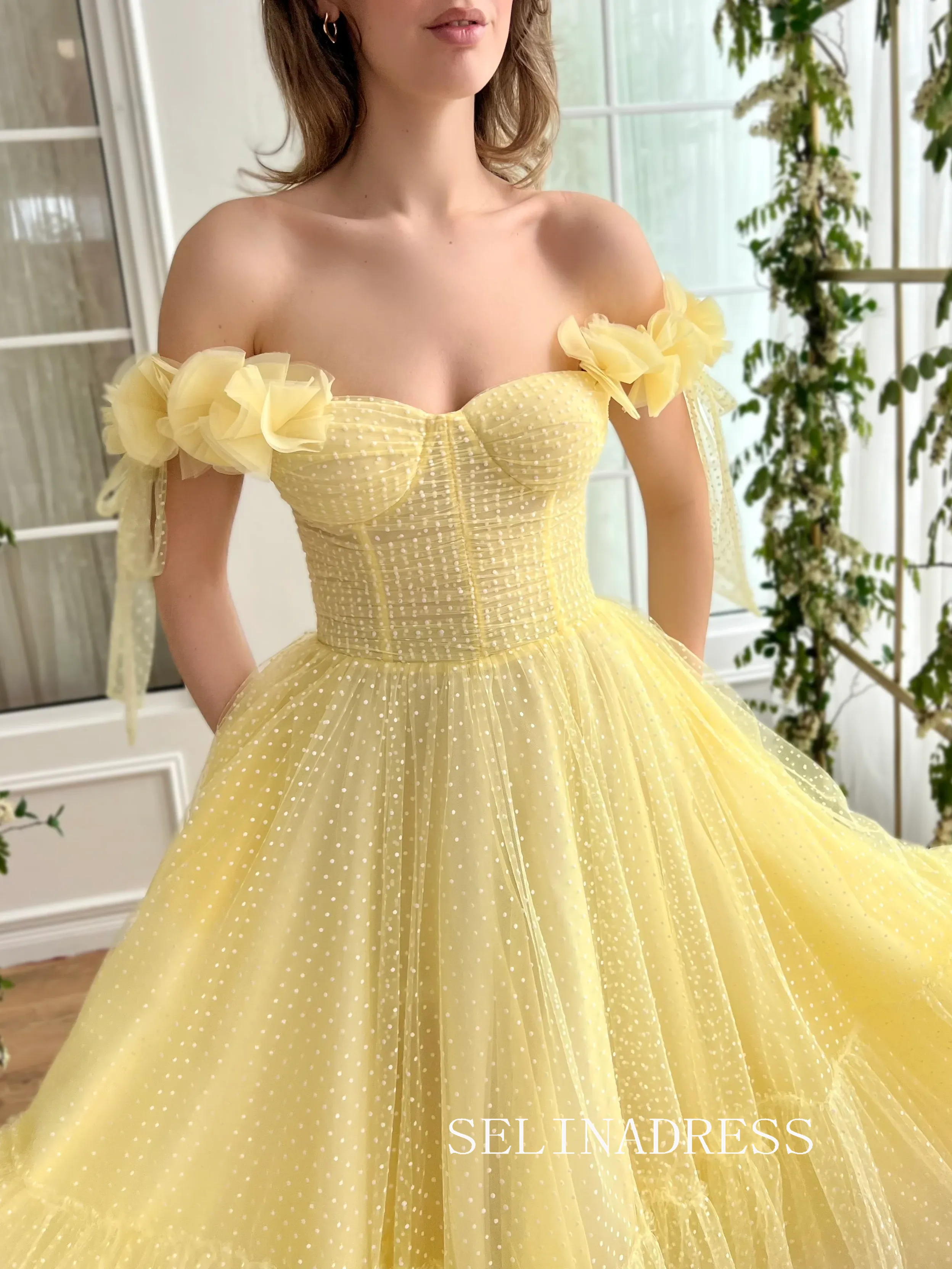 Yellow Short Wedding Dress Tea Length Tulle Prom Dresses Princess Evening Gowns EWR310