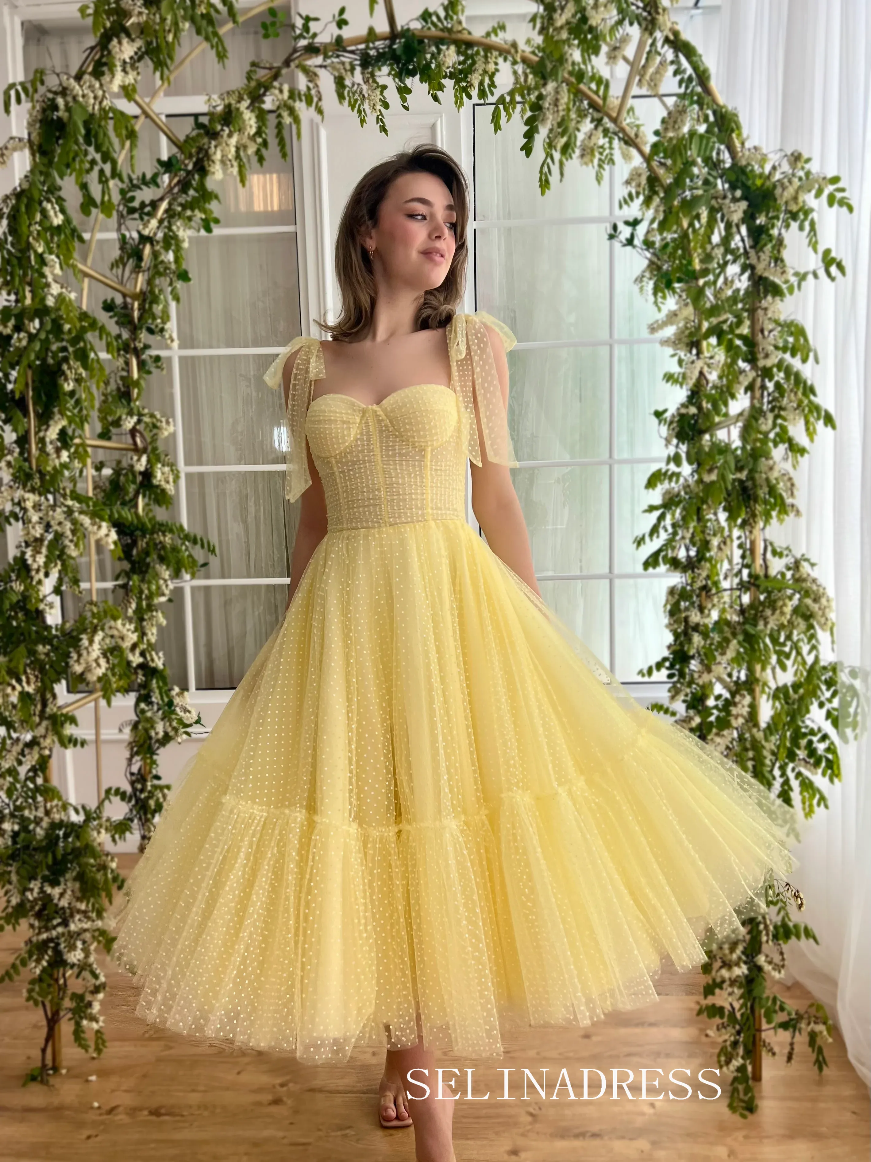 Yellow Short Wedding Dress Tea Length Tulle Prom Dresses Princess Evening Gowns EWR310