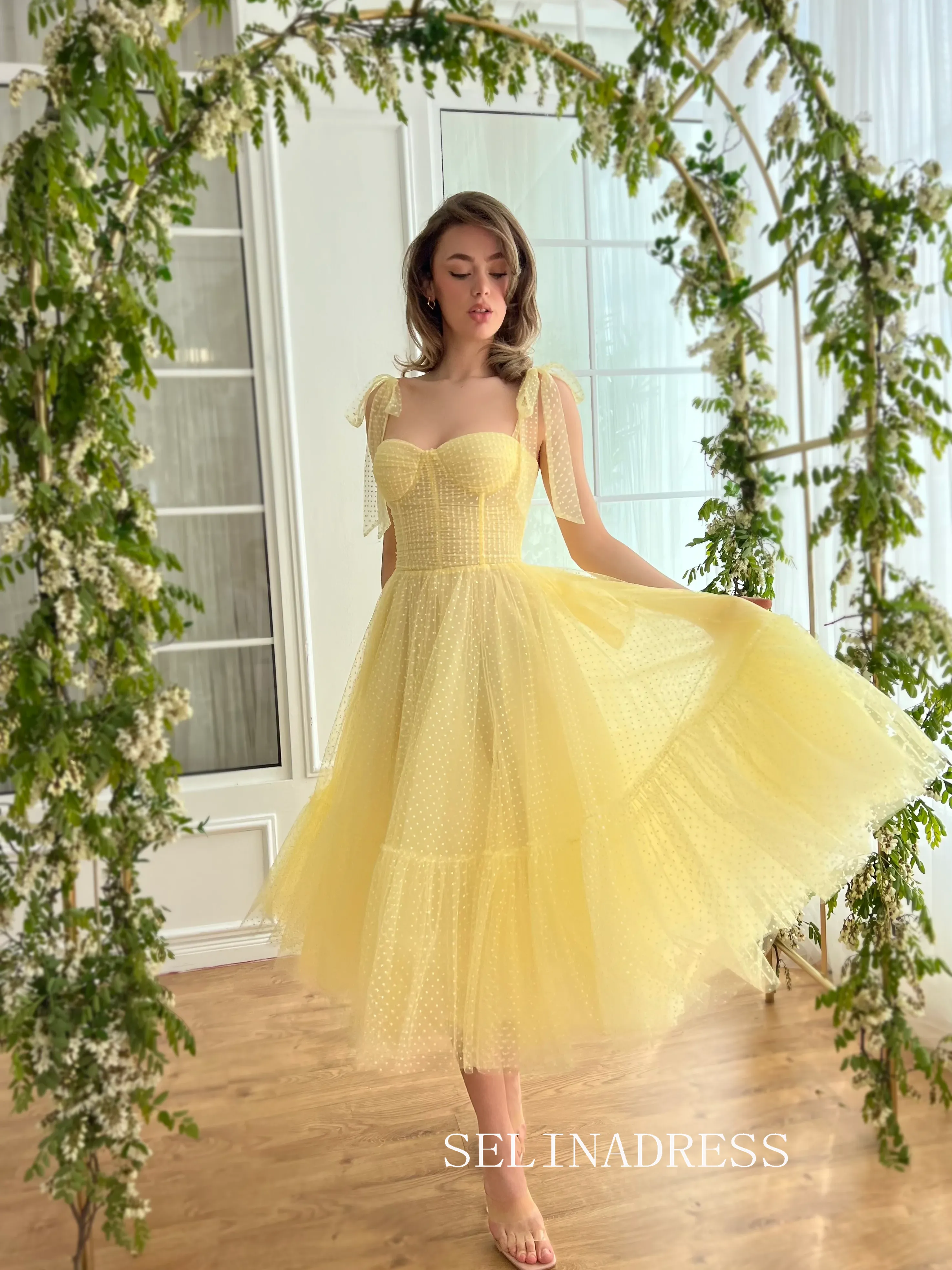 Yellow Short Wedding Dress Tea Length Tulle Prom Dresses Princess Evening Gowns EWR310